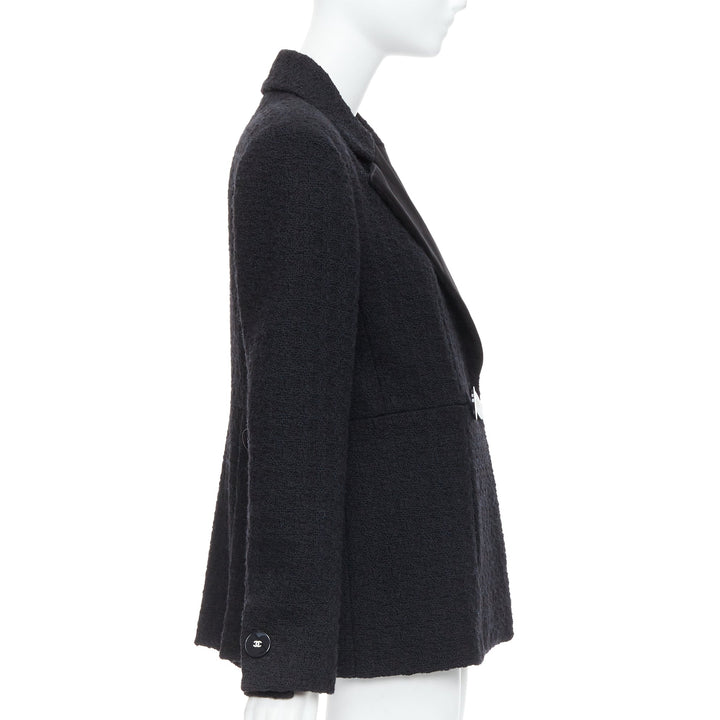 CHANEL 17A Runway Cosmopolite black tweed double breasted tuxedo jacket FR44