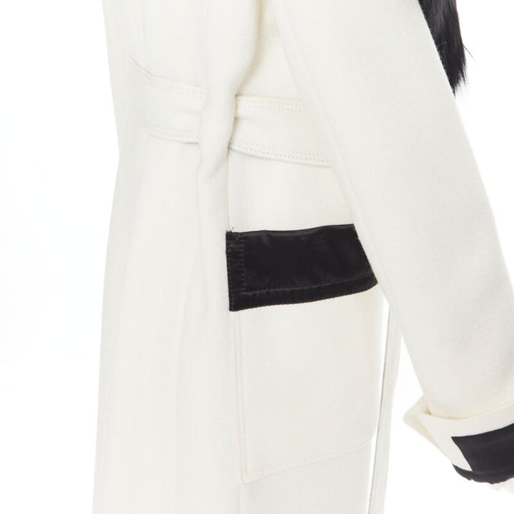 TOM FORD white wool crepe black fox fur collar quilted belted robe coat IT40 S