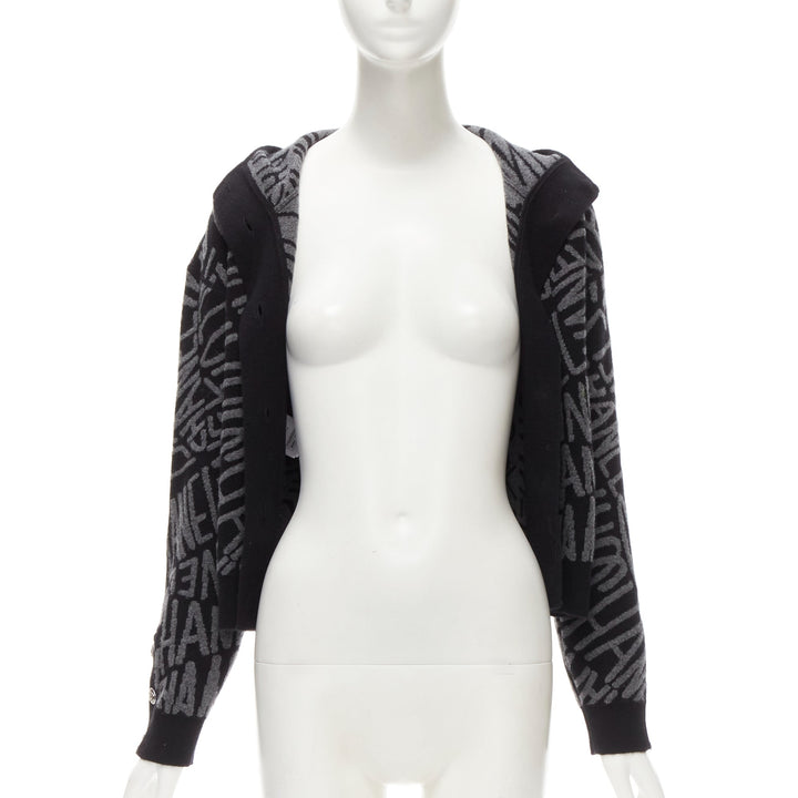 CHANEL 2021 98% cashmere black grey all over logo intarsia CC cardigan FR36 S