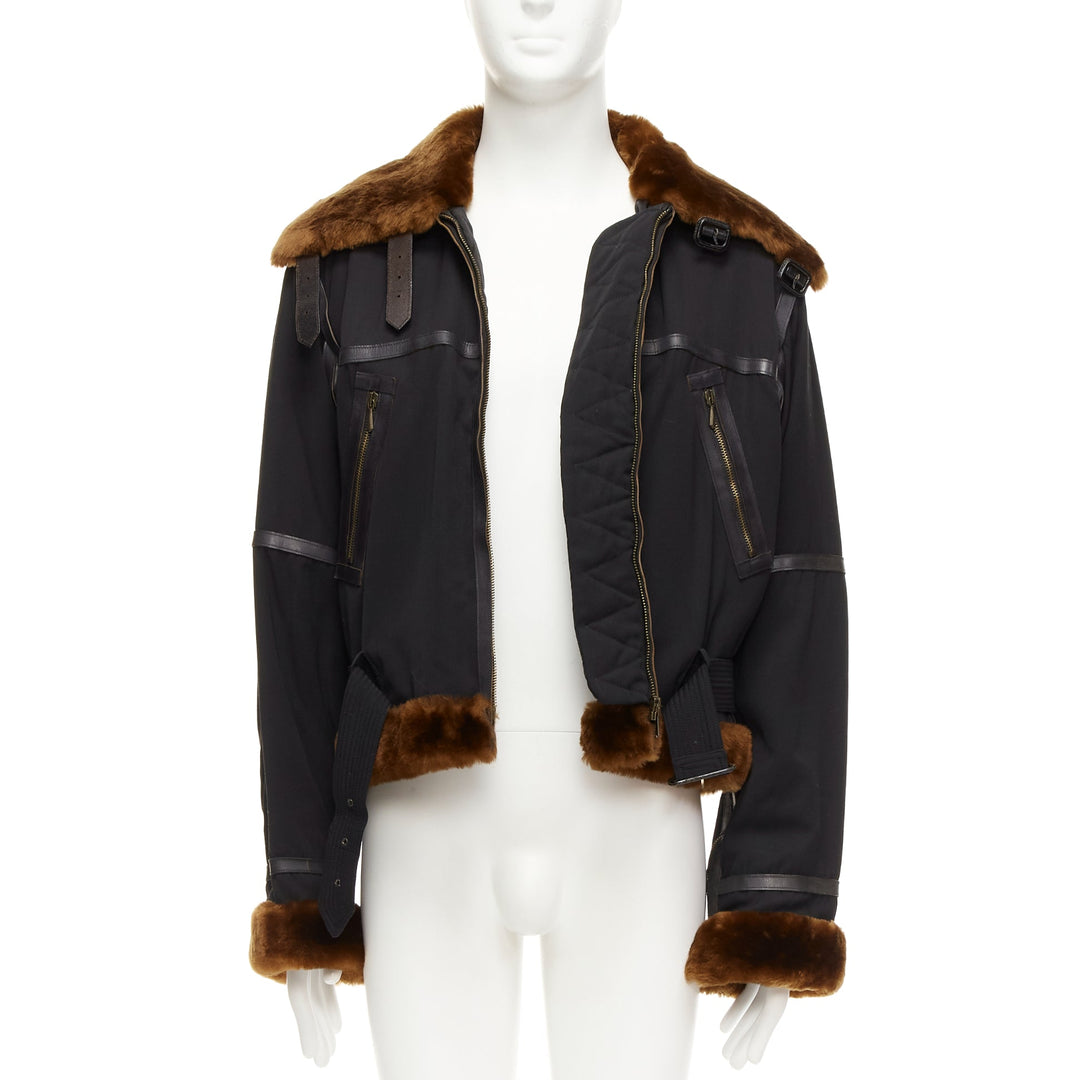 rare JEAN PAUL GAULTIER HOMME black brown faux fur aviator flight jacket IT50 L