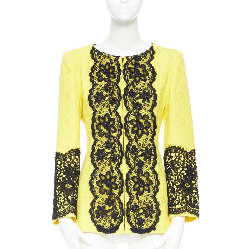 CHRISTIAN LACROIX yellow cotton floral jacquard black lace padded jacket FR40