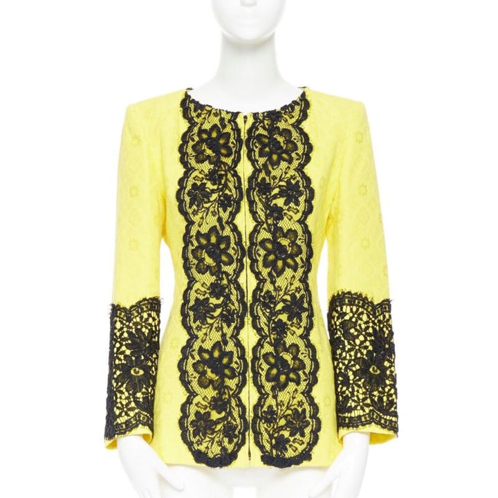 CHRISTIAN LACROIX yellow cotton floral jacquard black lace padded jacket FR40