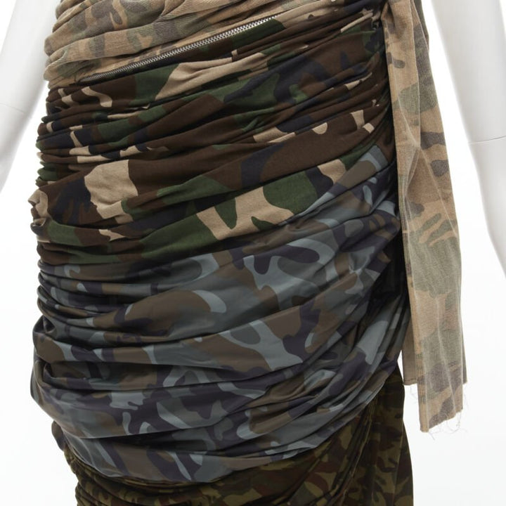 COMME DES GARCONS 2005 Runway mixed cotton nylon blue green camo ruched skirt XS