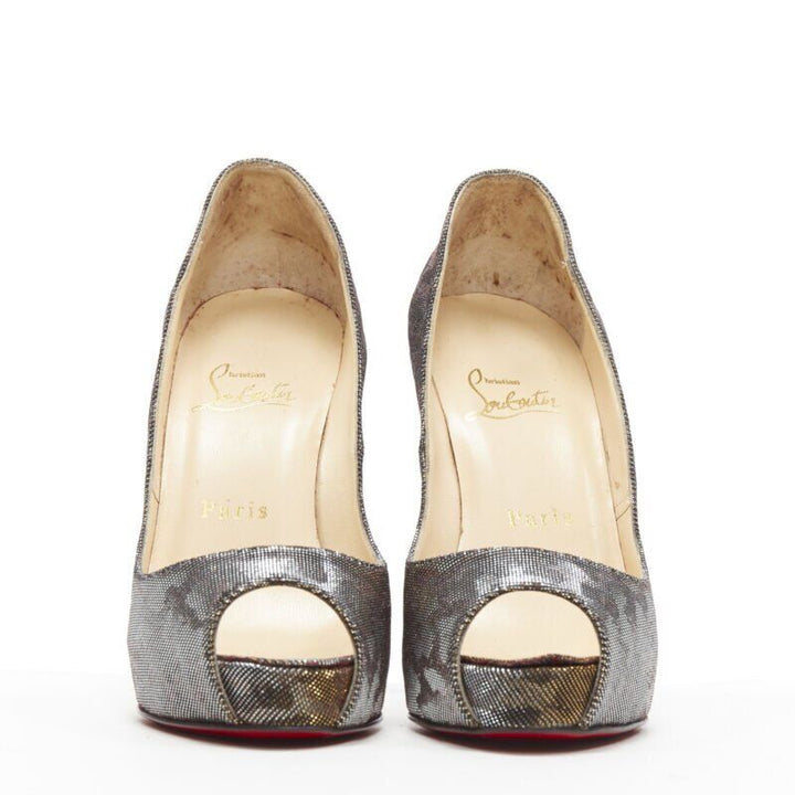 CHRISTIAN LOUBOUTIN gold lurex metallic leopard print peep toe platform EU36.5