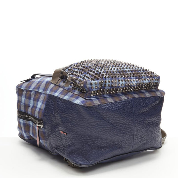 CHRISTIAN LOUBOUTIN Backloubi blue brown gingham check spike stud backpack bag