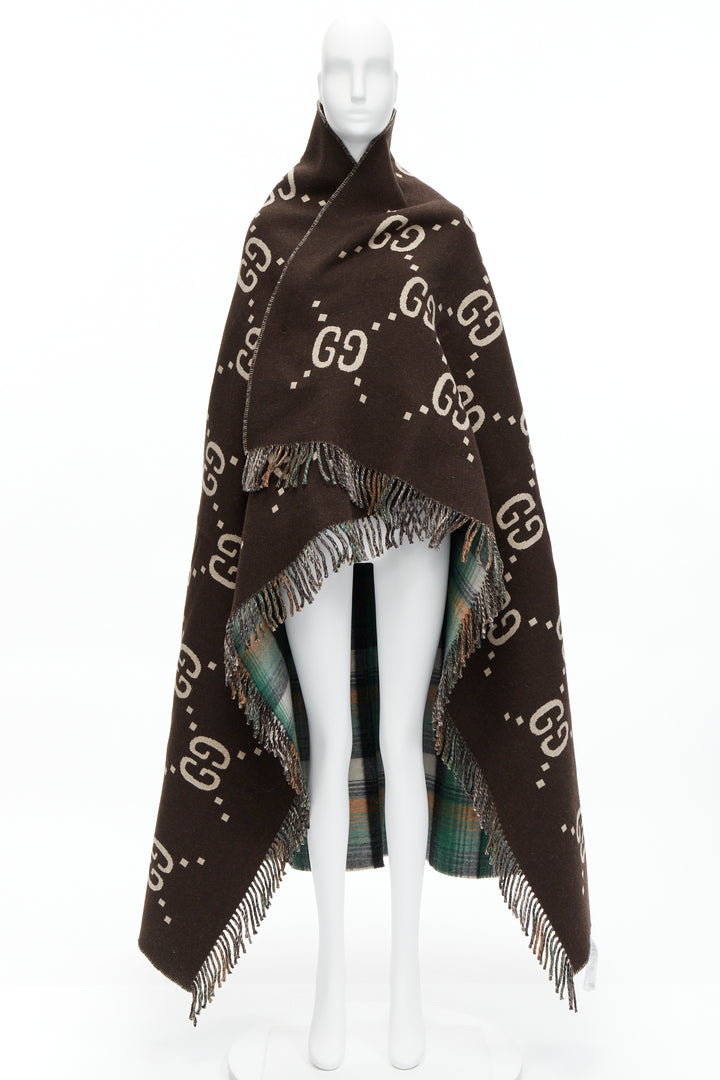 GUCCI 100% wool green red plaid tartan brown GG monogram blanket scarf