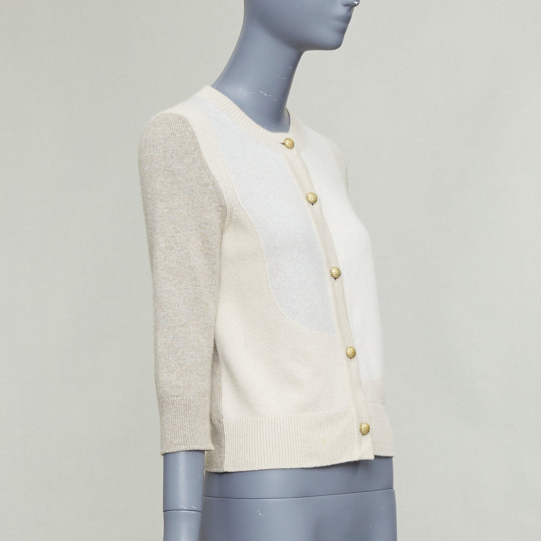 CHANEL 100% cashmere beige cream colorblocked CC buttons cardigan FR36 S