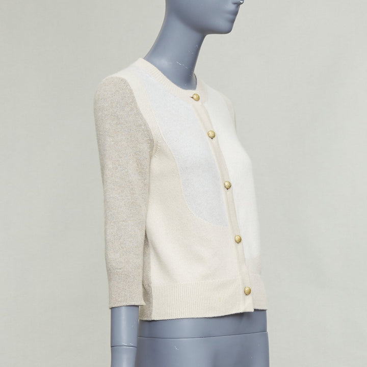 CHANEL 100% cashmere beige cream colorblocked CC buttons cardigan FR36 S