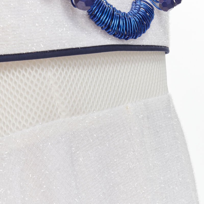 KIRSTY WARD white metallic tinsel blue wire bead embellished dress UK10 M