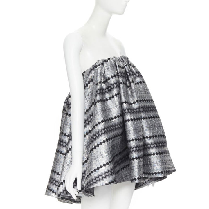 MATICEVSKI 2016 Profound metallic silver lurex jacquard flared strapless top XS