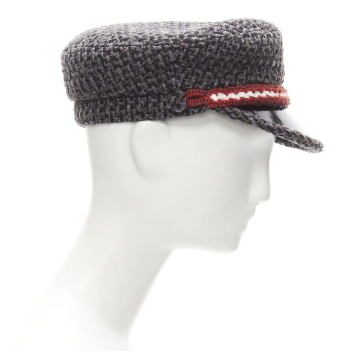 CHANEL 18A Parus Hamburg Runway grey tweed red braid black patent sailor hat S