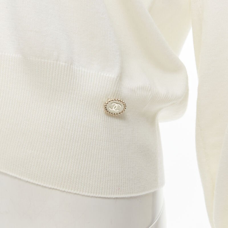 CHANEL 100% wool ivory white black intarsia chain schoolgirl sweater FR38 M