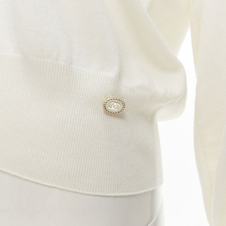 CHANEL 100% wool ivory white black intarsia chain schoolgirl sweater FR38 M