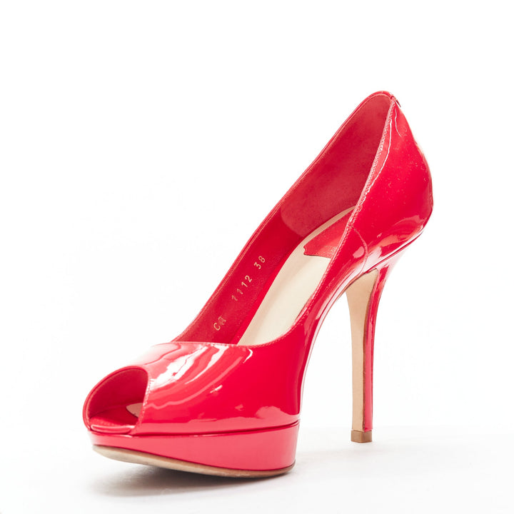CHRISTIAN DIOR neon pink patent leather peep toe platform pumps EU38
