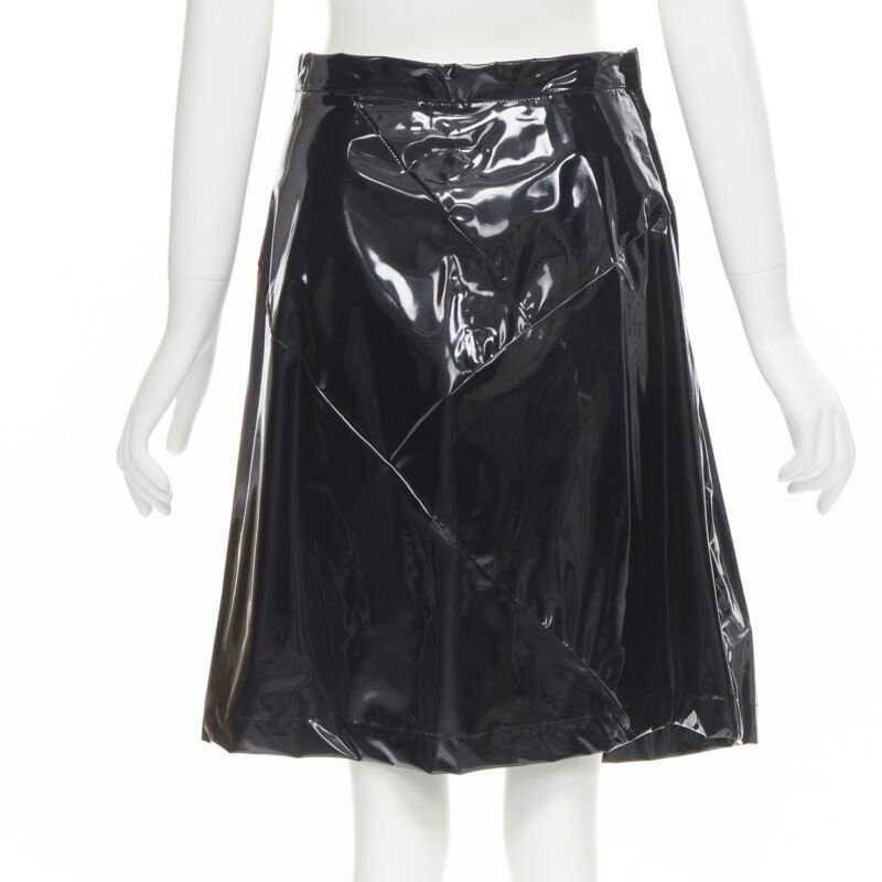 COMME DES GARCONS 1991 black vinyl plastic bias cut A-lined flared skirt L