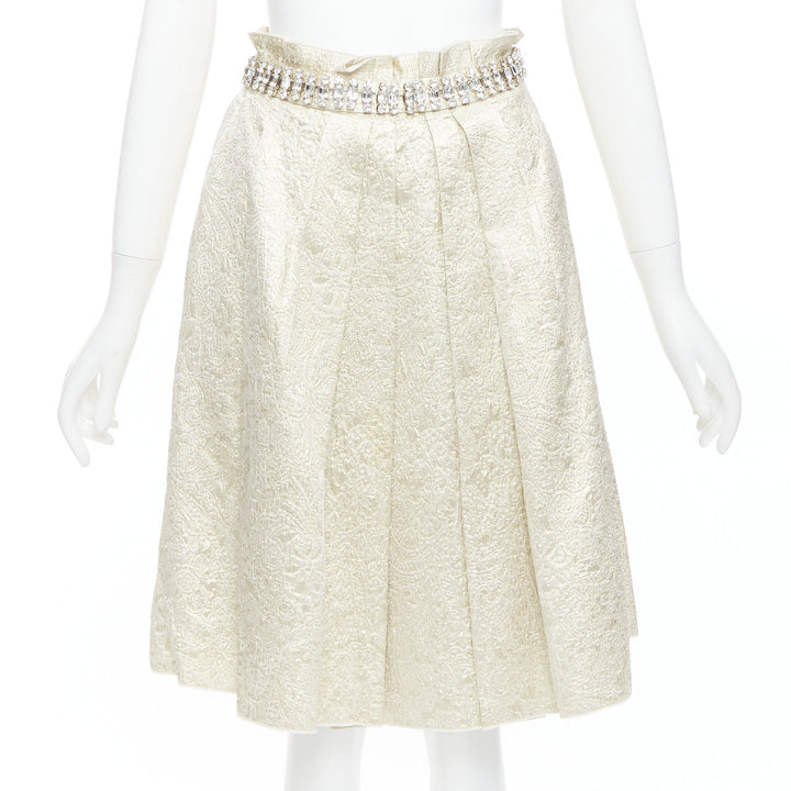 DOLCE GABBANA crystal rhinestone waistband beige brocade cocktail skirt IT40 S