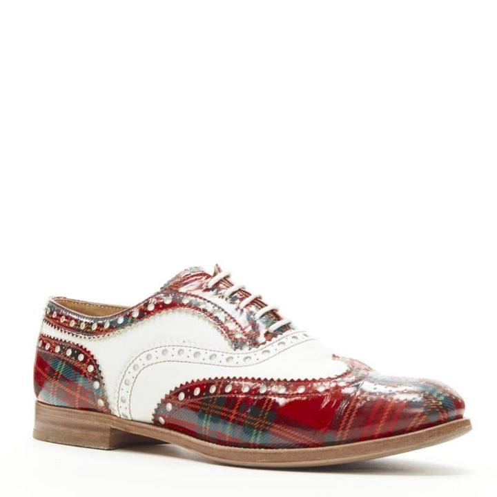 CHURCH'S Burwood red tartan patent white perforated leather brogue EU36.5