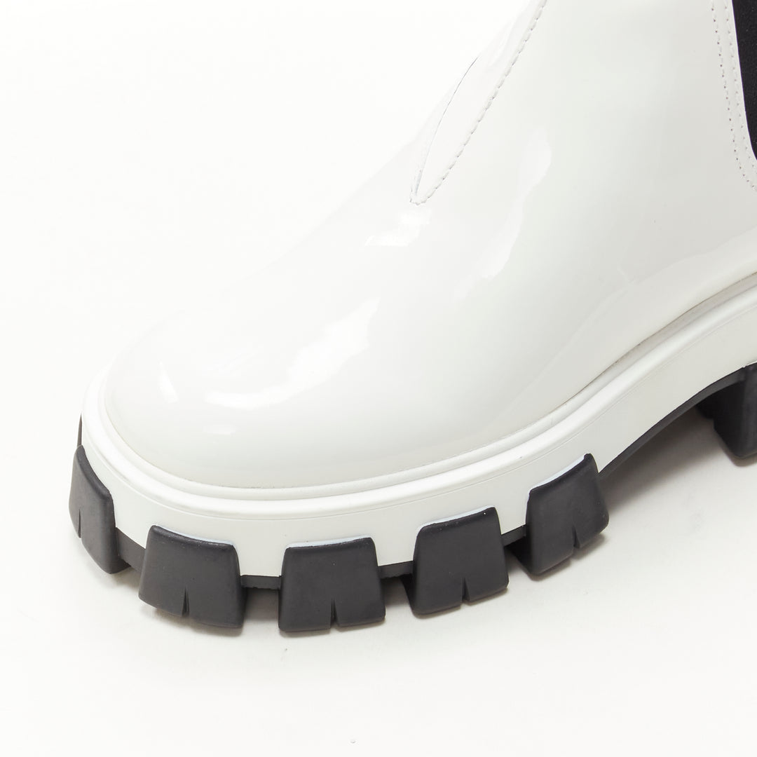 PRADA 2019 Monolith white patent lug sole platform ankle boot  EU36