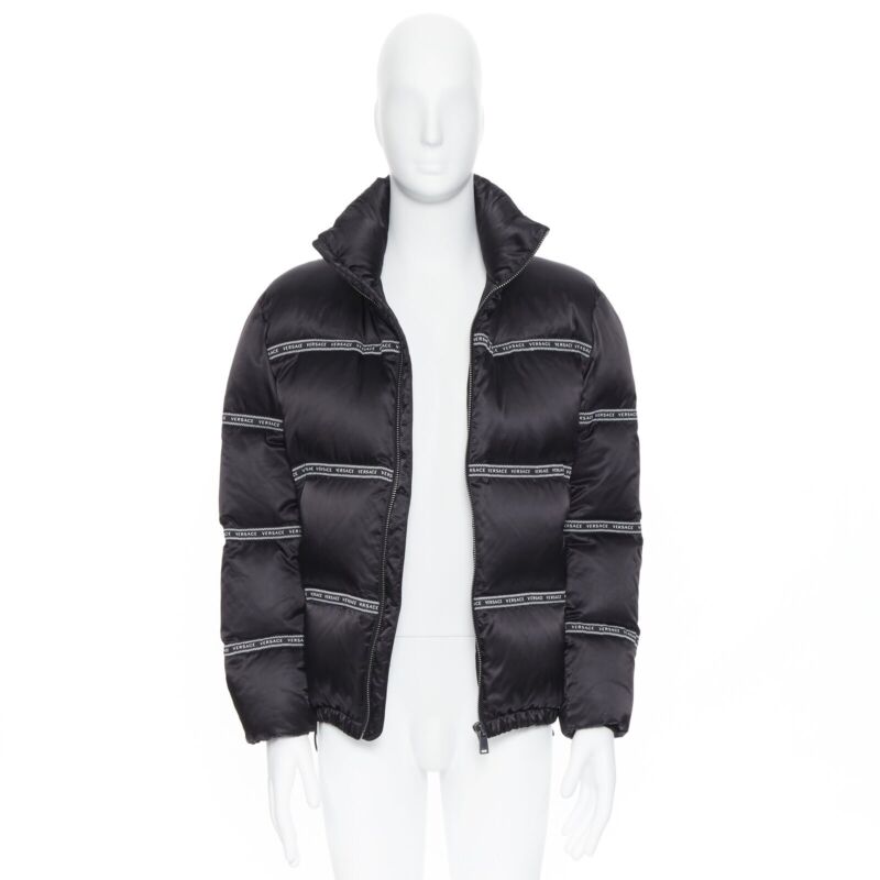 VERSACE Nastro Stampa black logo ribbon goose down padded jacket IT46 S