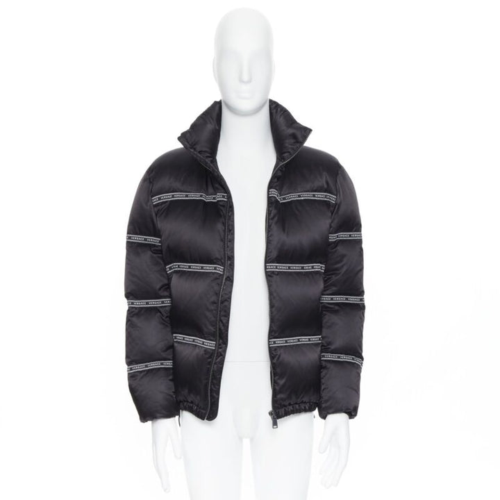 VERSACE Nastro Stampa black logo ribbon goose down padded jacket IT46 S