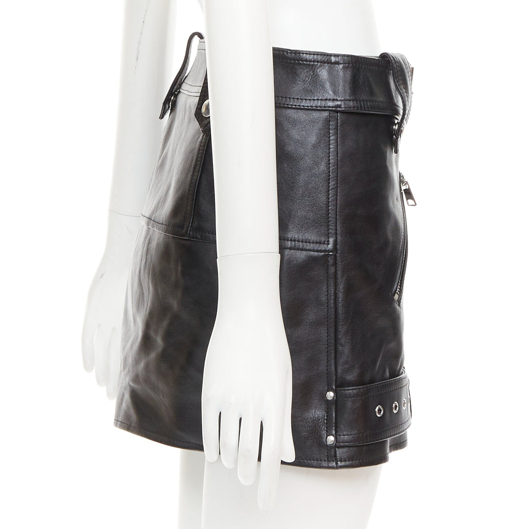 ALEXANDER MCQUEEN 2023 black cowhide leather silver biker zip skirt IT36 XXS