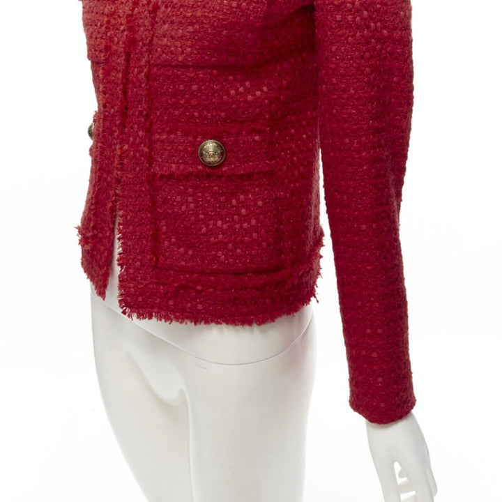 BALMAIN red tweed gold military button 4 pocket power blazer jacket FR34 XS