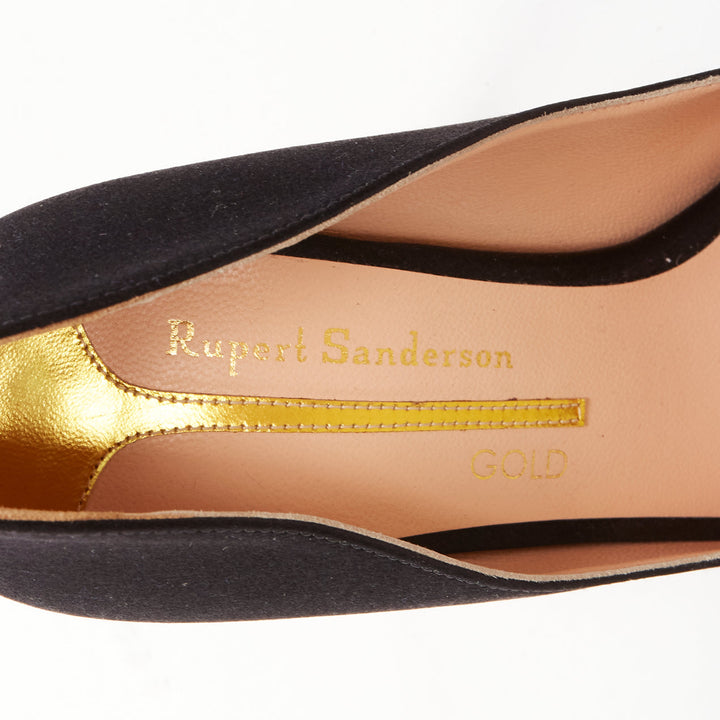 RUPERT SANDERSON Gold black satin gold paint buckle heeled pumps EU35.5