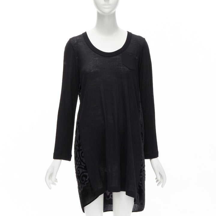 SACAI 2014 black 100% wool velvet devore striped sheer sweater dress JP2 M