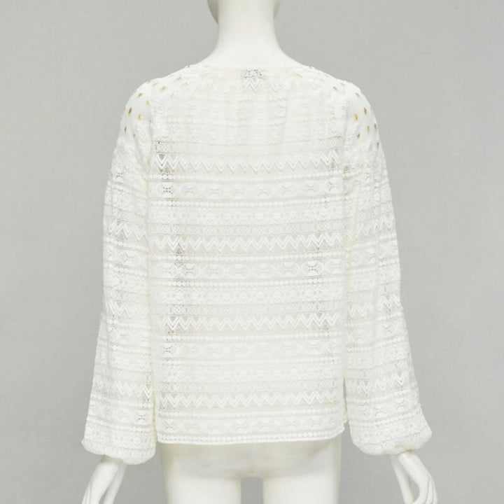 TEMPERLEY LONDON white sheer gold jacquard crochet lace bohemian top US4 S