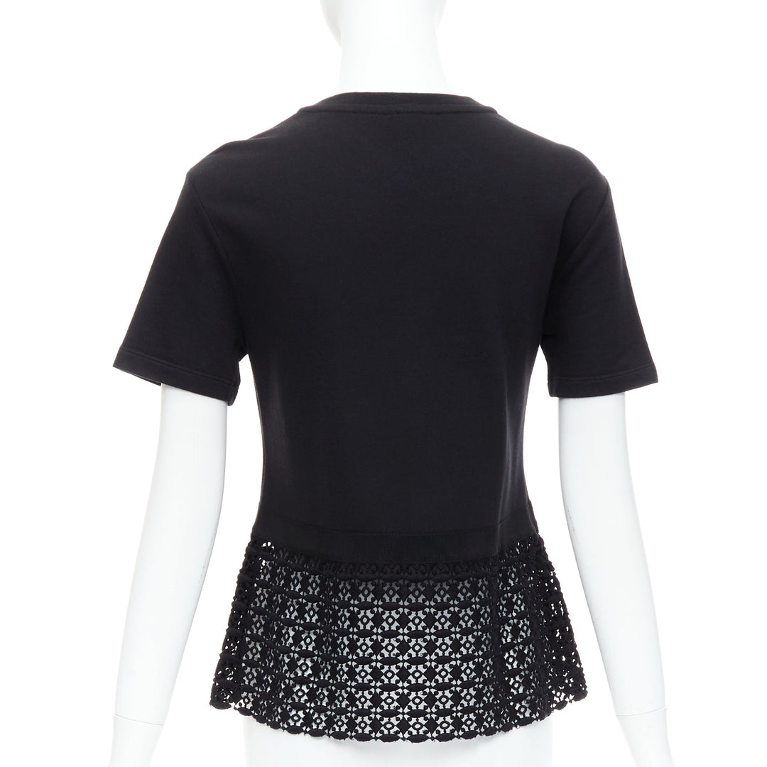GIAMBATTISTA VALLI black cotton geometric lace hem tshirt IT38 XXS