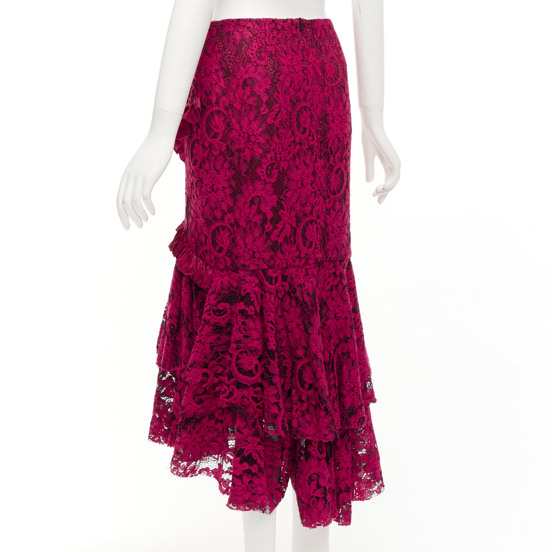 ROMANCE WAS BORN red cotton silk blend floral lace bias ruffle midi skirt AUS8 S