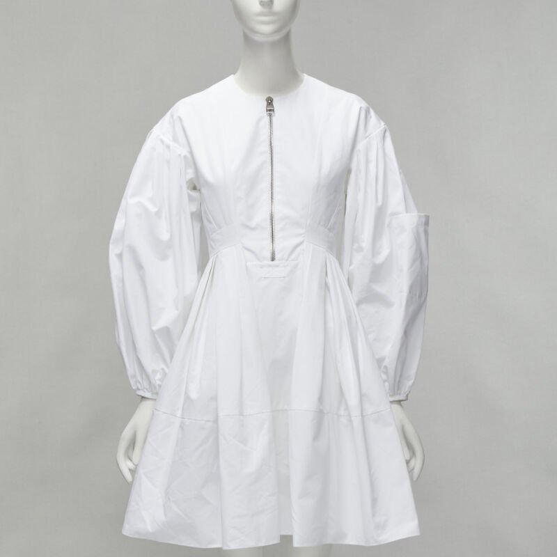 ALEXANDER MCQUEEN white cotton silver zip front puff sleeve flared dress IT36 XS