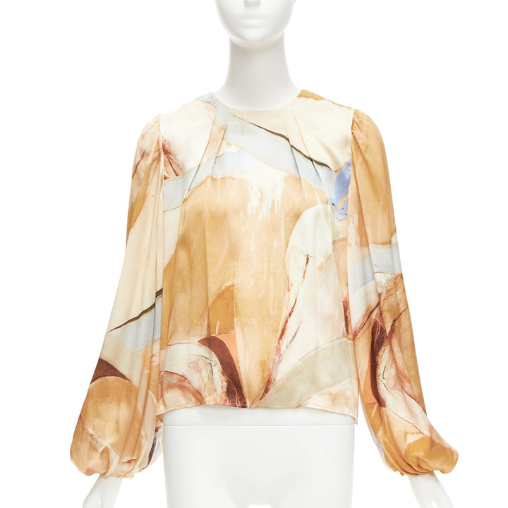 AJE 2018 100% silk beige blue abstract brush print puff sleeve top UK6 XS
