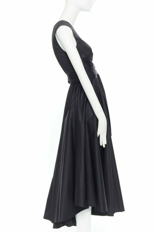 TIBI black cotton fit flare dress one shoulder asymmetrical pleat skirt US0 XS