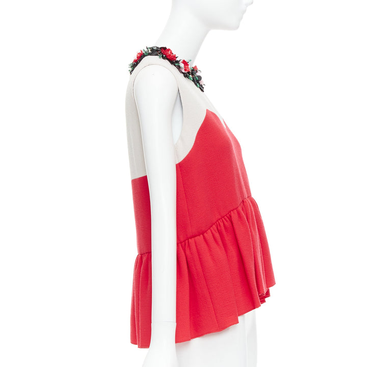 MSGM red nude floral embellished collar peplum vest top IT42 M