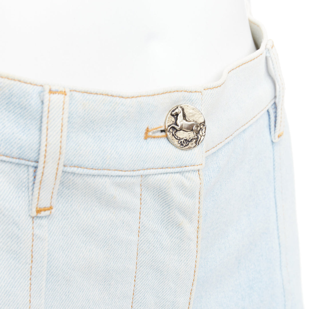 CHANEL 2018 Runway light blue washed denim horse buttons shorts FR34 XS
