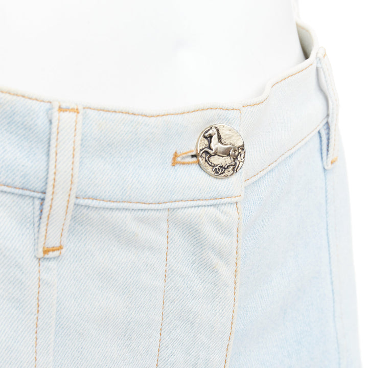 CHANEL 2018 Runway light blue washed denim horse buttons shorts FR34 XS