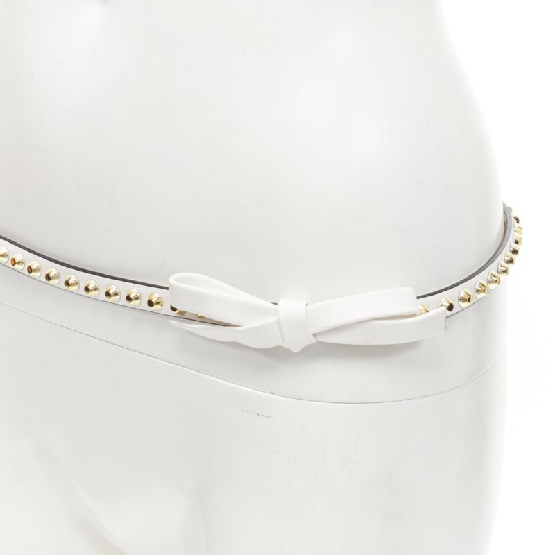 PRADA white leather bow gold punk stud skinny belt 1CC338 80cm 32"