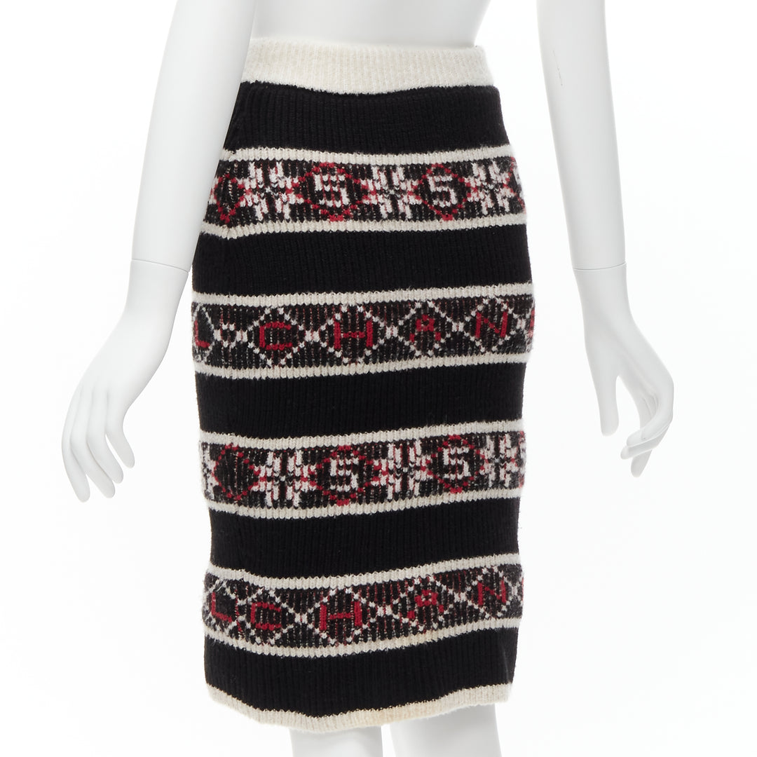 CHANEL Number 5 red black white CC logo fair isle intarsia skirt FR34 XS