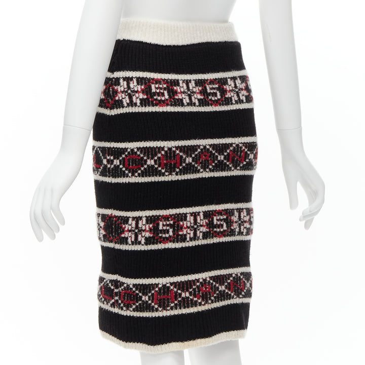 CHANEL Number 5 red black white CC logo fair isle intarsia skirt FR34 XS
