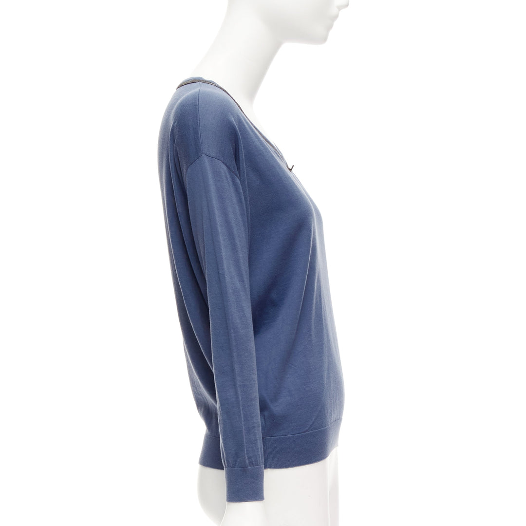 BRUNELLO CUCINELLI blue cotton beaded loop keyhole sweater top XXS