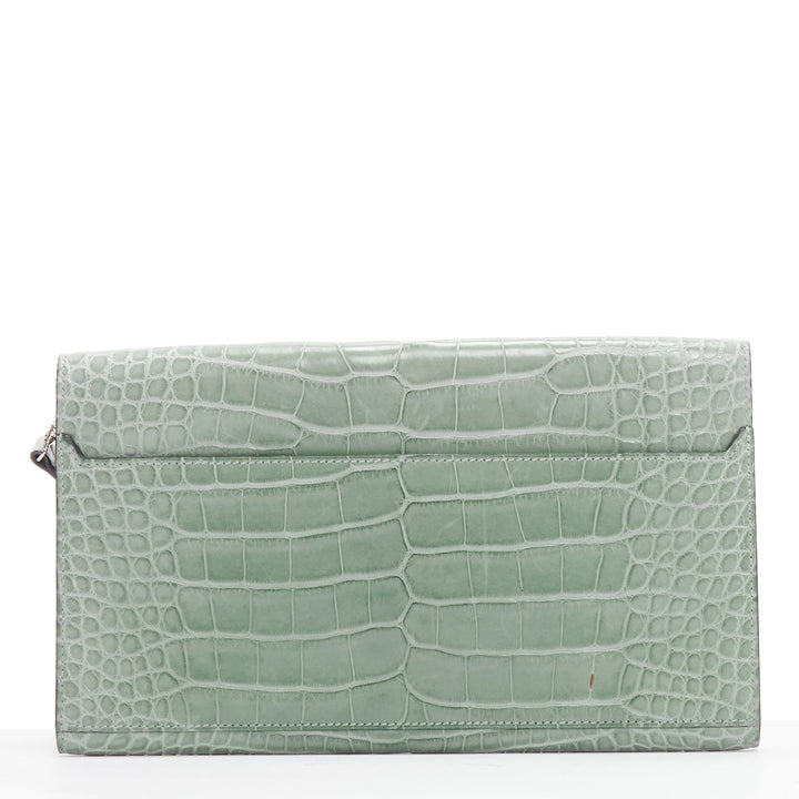 HERMES Goodlock Porosus mint green scaled leather PHW push clasp wrist clutch