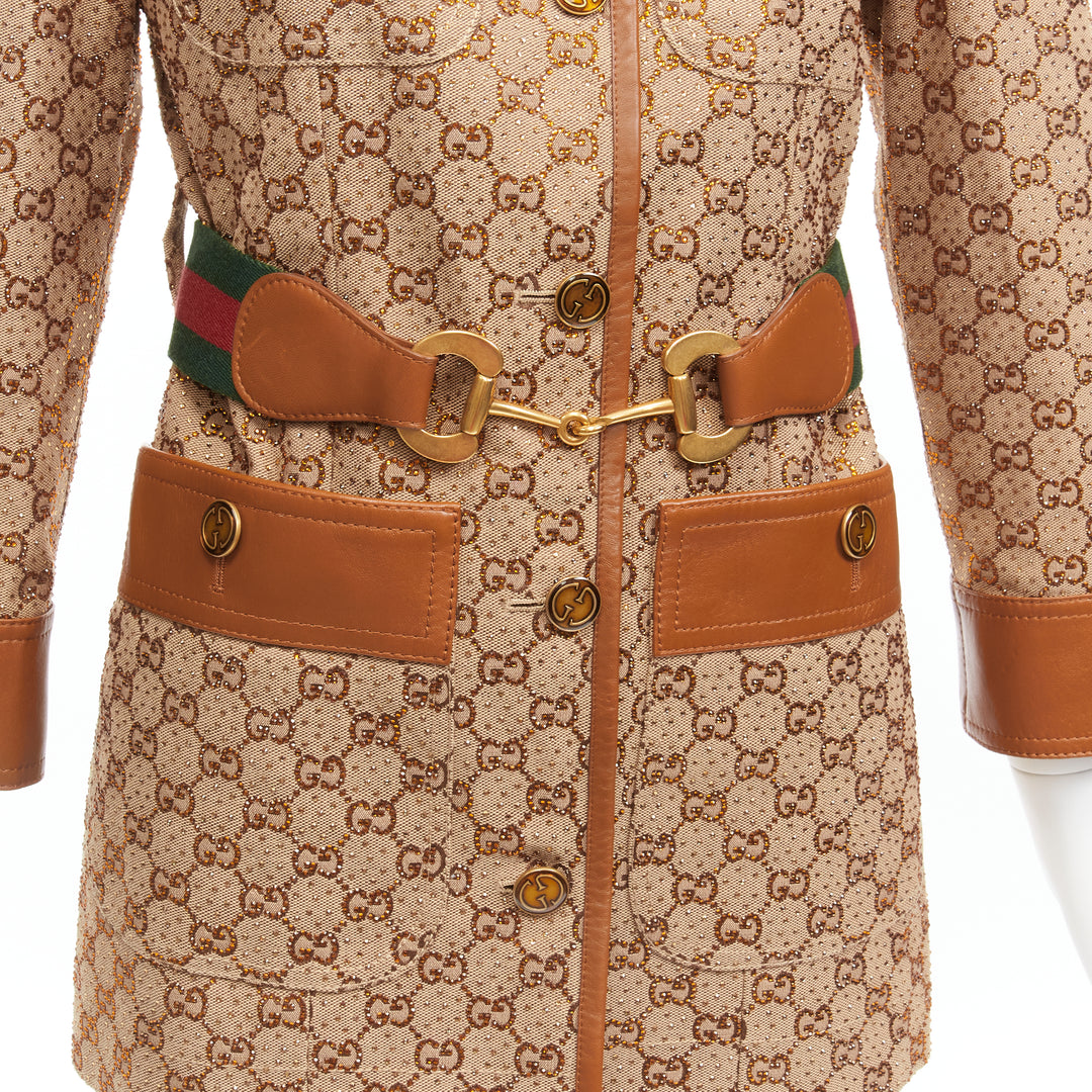 GUCCI 2022 Aria crystal embellished Horsebit web belt GG canvas jacket IT38 XS