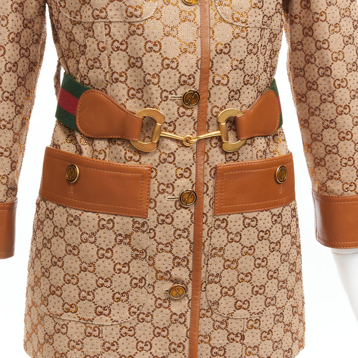 GUCCI 2022 Aria crystal embellished Horsebit web belt GG canvas jacket IT38 XS