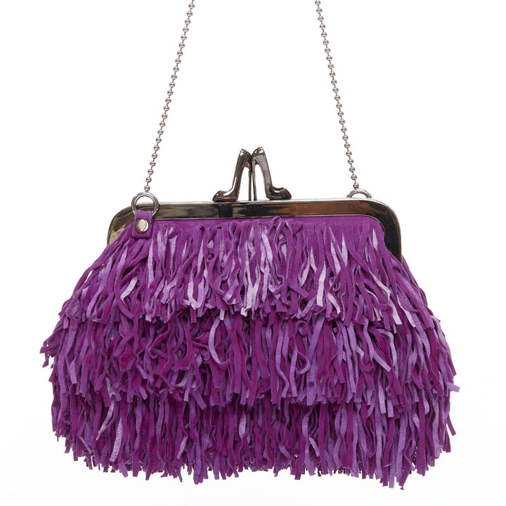 CHRISTIAN LOUBOUTIN purple suede leather fringe heel kiss lock clutch bag