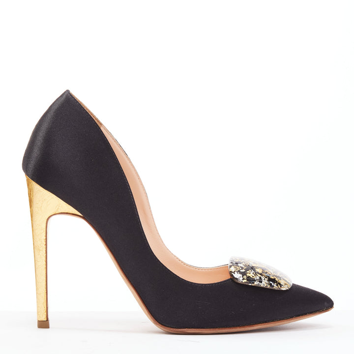 RUPERT SANDERSON Gold black satin gold paint buckle heeled pumps EU35.5