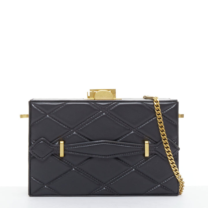 OSCAR DE LA RENTA Alibi Minaudiere black leather gold hardware box clutch