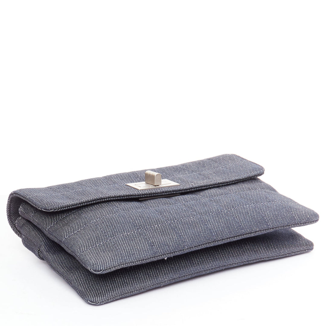 CHANEL Mademoiselle Chocolate Bar denim blue quilted clutch bag
