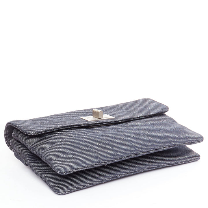 CHANEL Mademoiselle Chocolate Bar denim blue quilted clutch bag