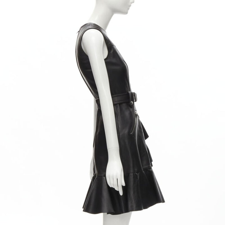 ALEXANDER MCQUEEN 2022 black leather biker belted ruffle trim dress IT38 XS